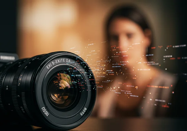 Camera lens with digital data overlay, representing EXIF info