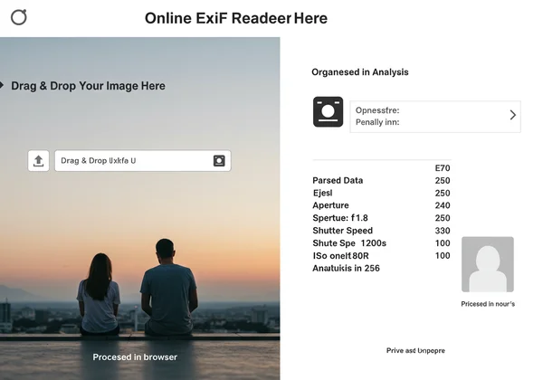 Online EXIF reader interface showing image upload and data