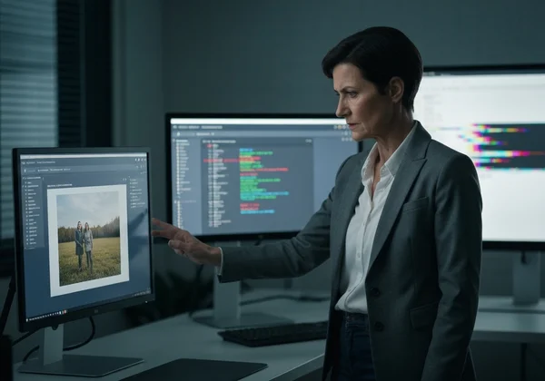 Detective comparing metadata to detect image tampering.