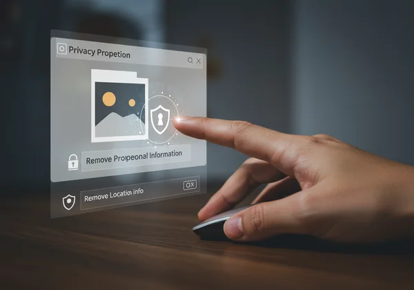 Hand removing metadata from a photo on a computer screen.
