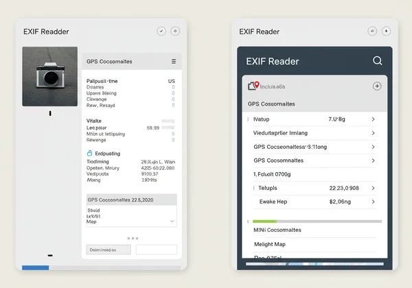 Exif Reader interface showing photo metadata with GPS data