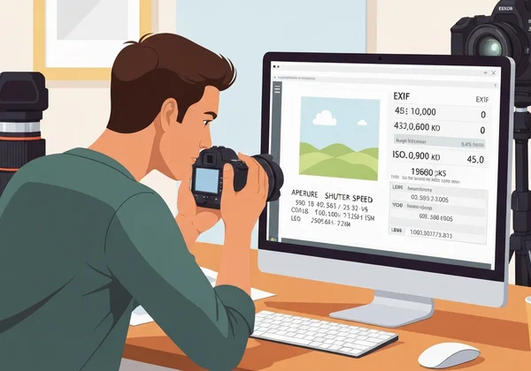 Photographer analyzing EXIF data for camera settings