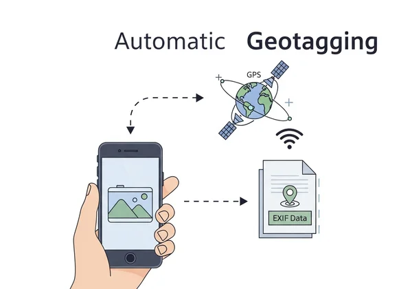 Diagram showing a smartphone geotagging a photo