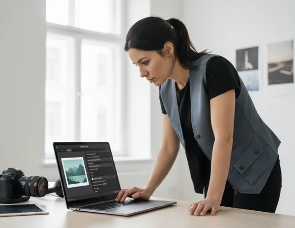 Photographer analyzing EXIF data on a laptop